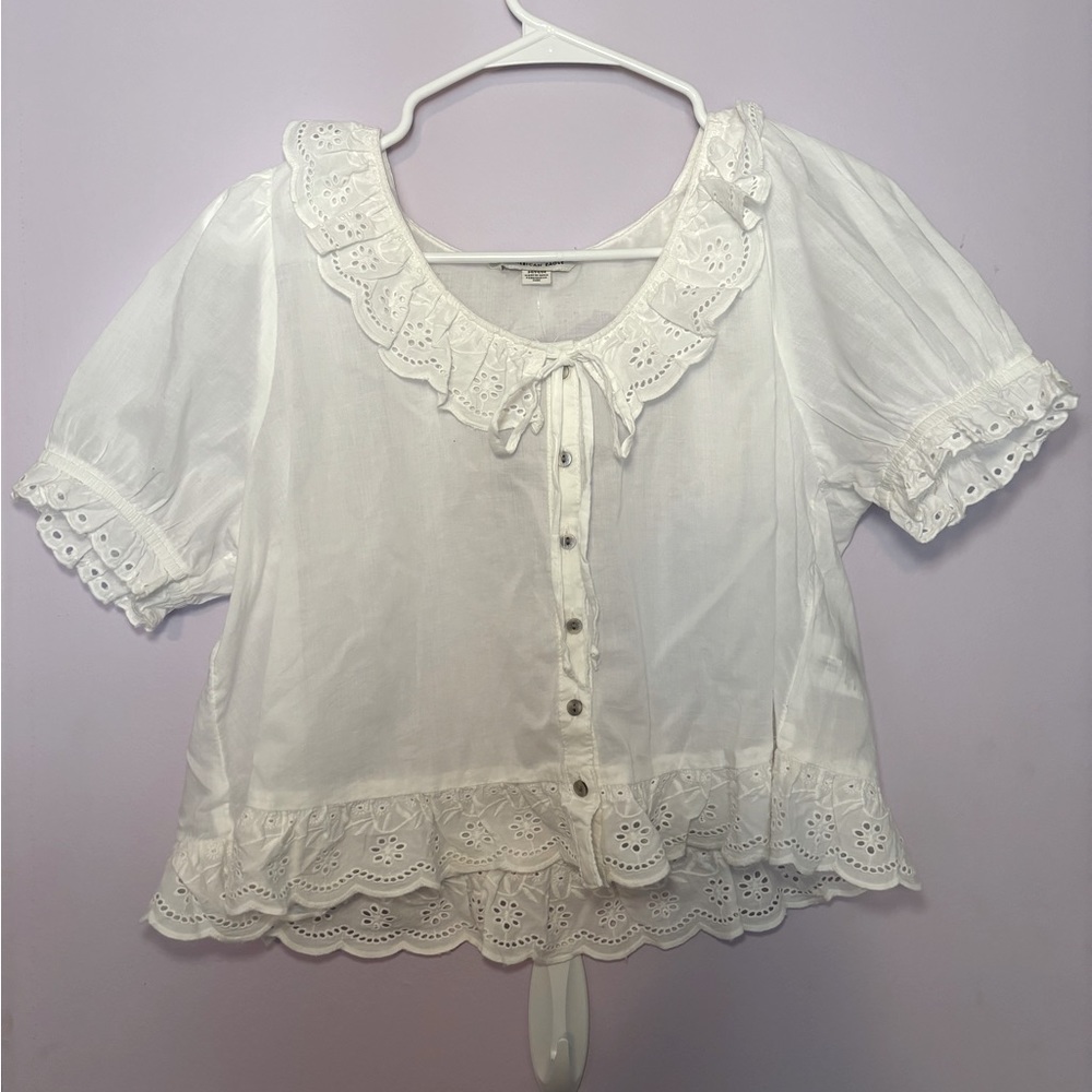 American Eagle White Button Up Top with Lacy Collar